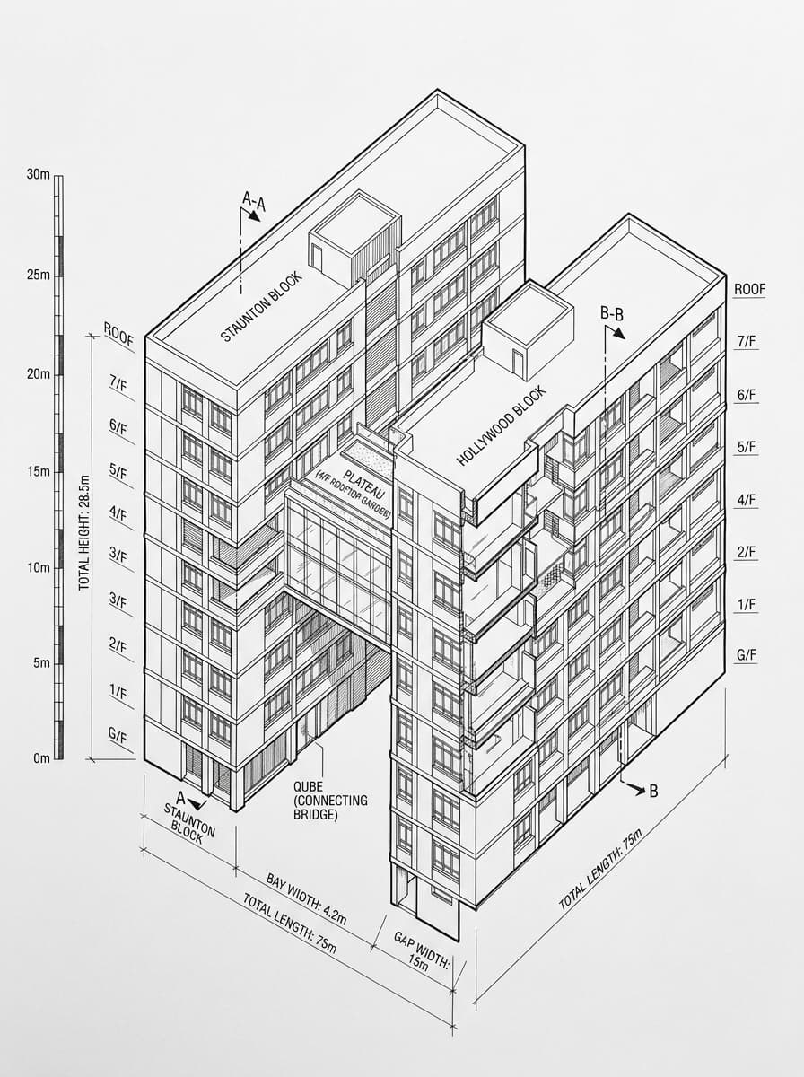 Architectural elevation drawing of PMQ, Central, Hong Kong