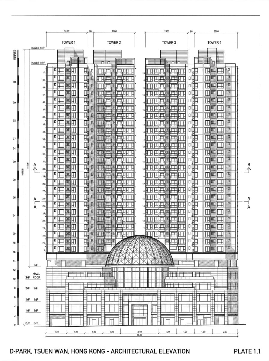 Architectural elevation drawing of D·PARK, Tsuen Wan, Hong Kong