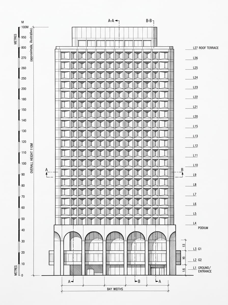Architectural elevation drawing of The Murray Hong Kong, Central, Hong Kong
