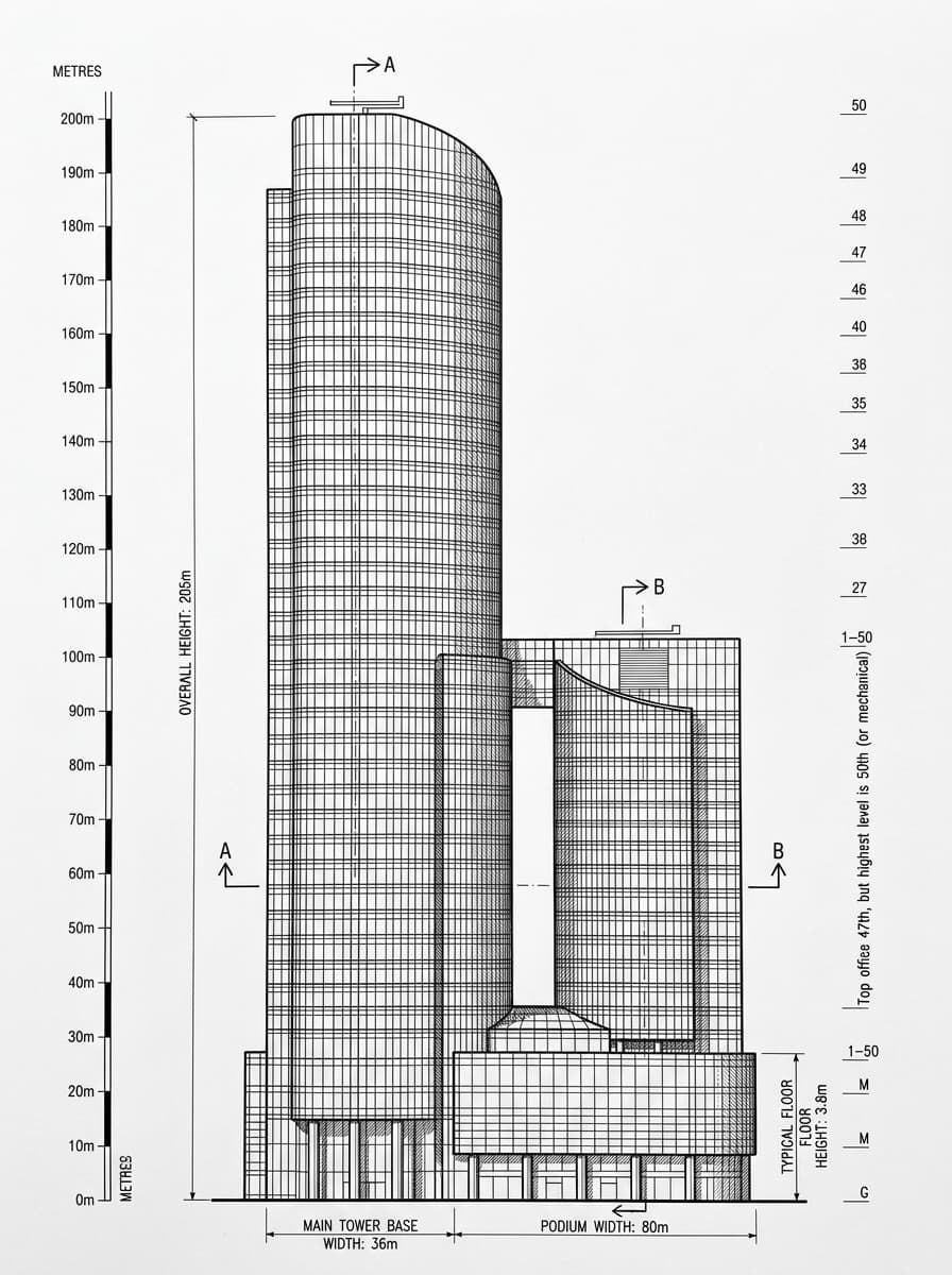 Architectural elevation drawing of Citibank Tower, Central, Hong Kong