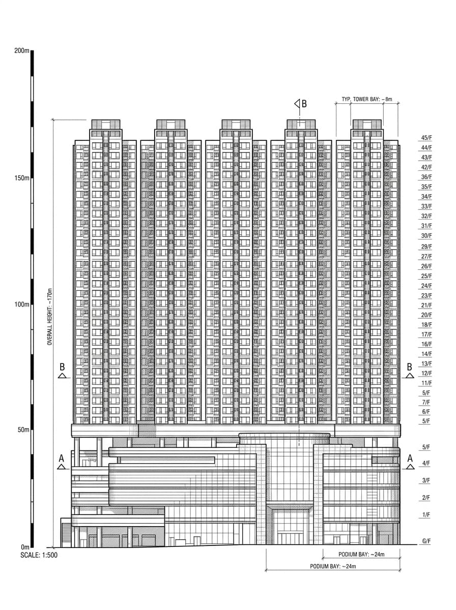 Architectural elevation drawing of Plaza Hollywood, Wong Tai Sin, Hong Kong