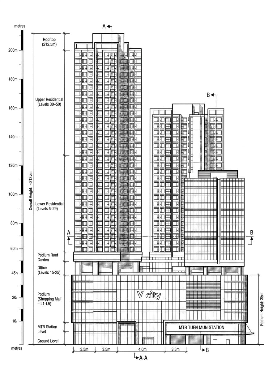 Architectural elevation drawing of V City, Tuen Mun, Hong Kong