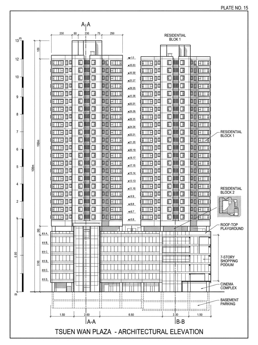 Architectural elevation drawing of Tsuen Wan Plaza, Tsuen Wan, Hong Kong
