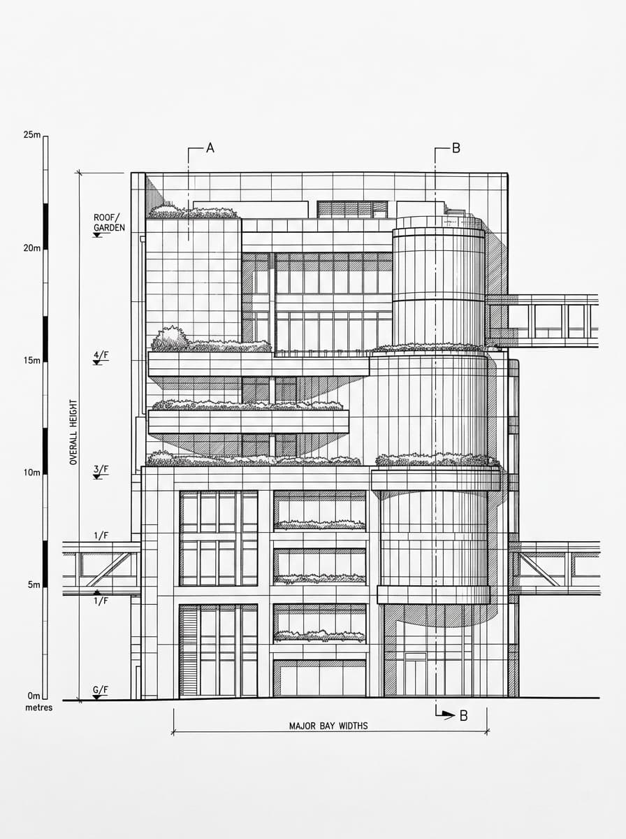 Architectural elevation drawing of Maritime Square, Kwai Tsing, Hong Kong