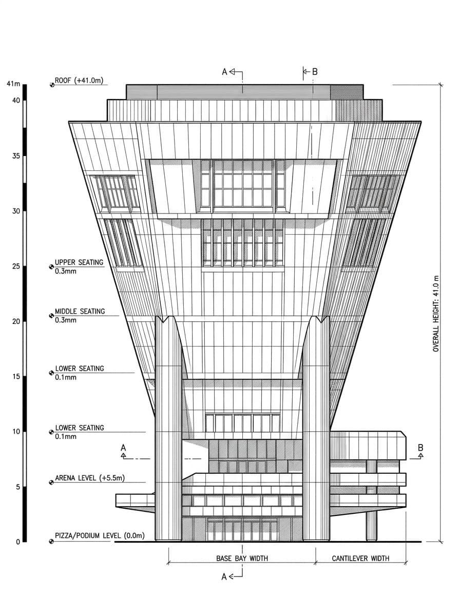 Architectural elevation drawing of Hong Kong Coliseum, Kowloon City, Hong Kong
