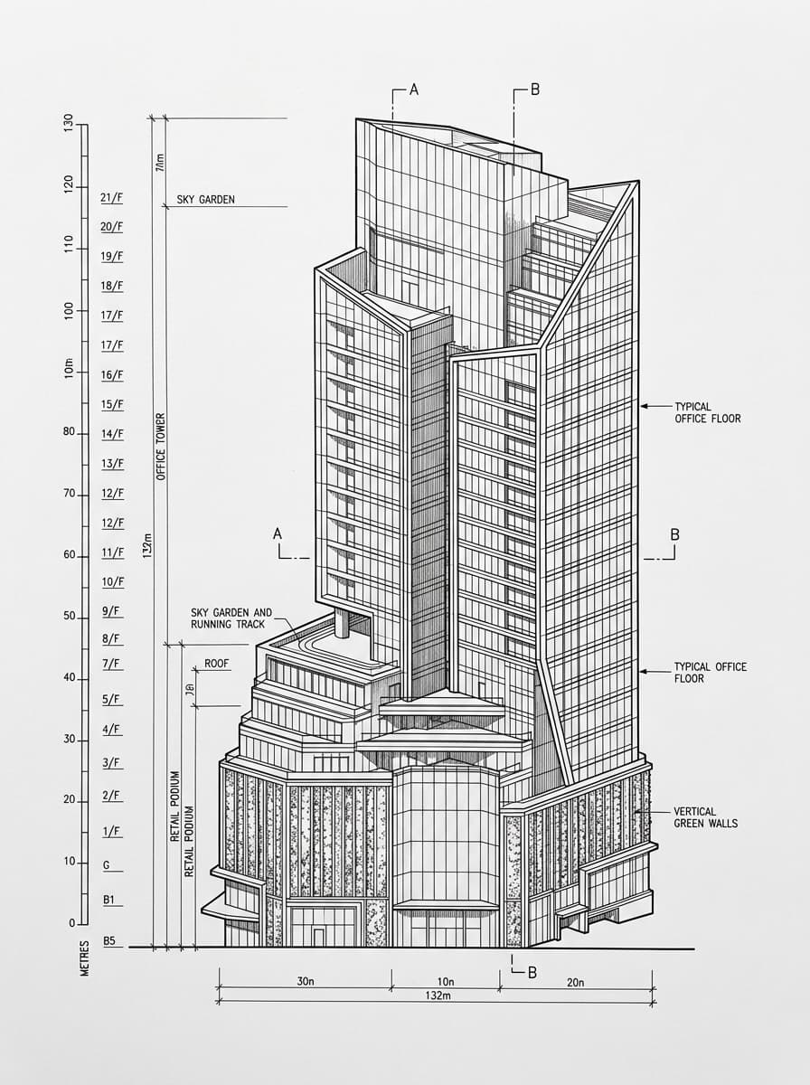 Architectural elevation drawing of Lee Garden Three, Causeway Bay, Hong Kong