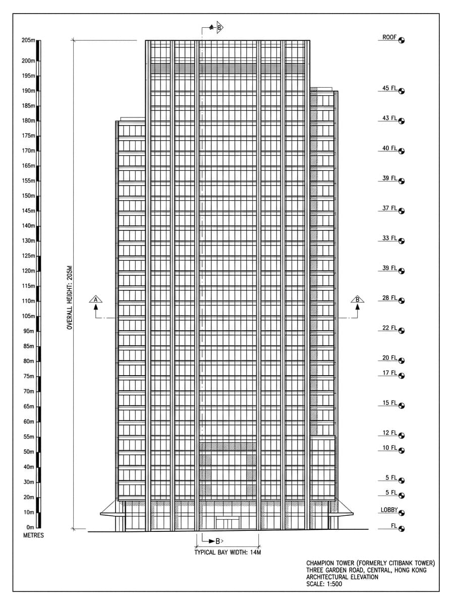 Architectural elevation drawing of Champion Tower, Central, Hong Kong
