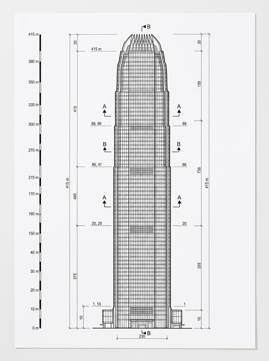 Architectural elevation drawing of Two International Finance Centre, Central, Hong Kong