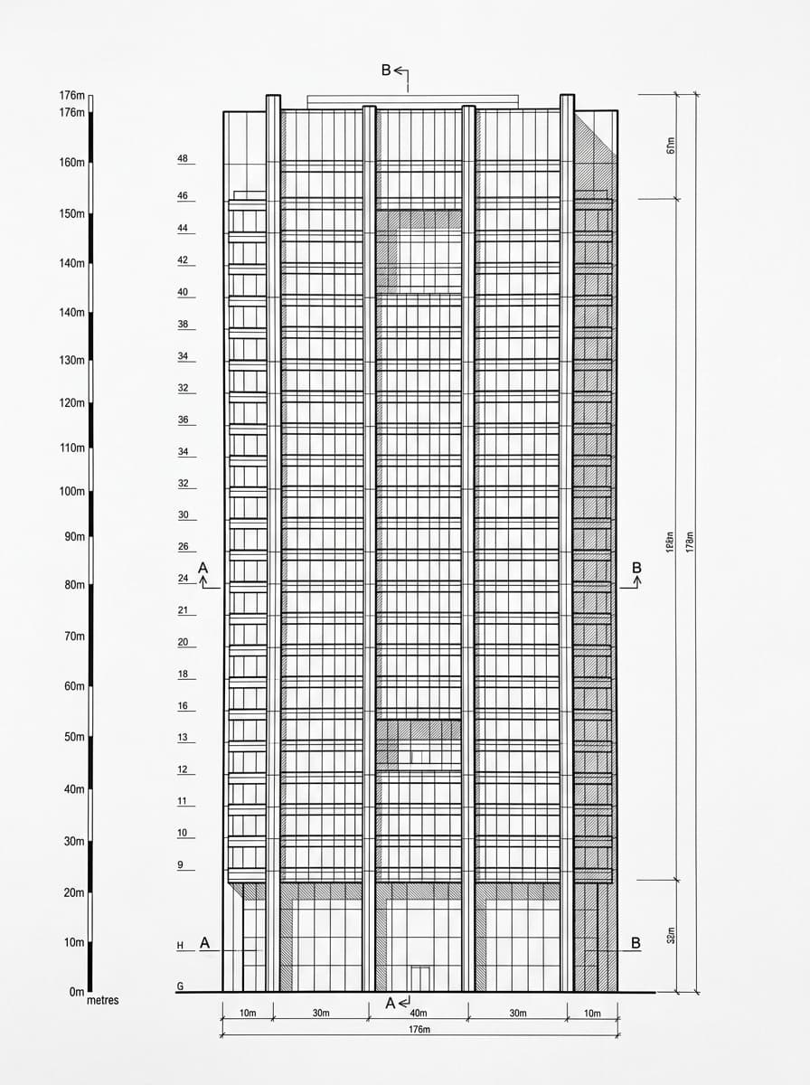 Architectural elevation drawing of Far East Finance Centre, Admiralty, Hong Kong