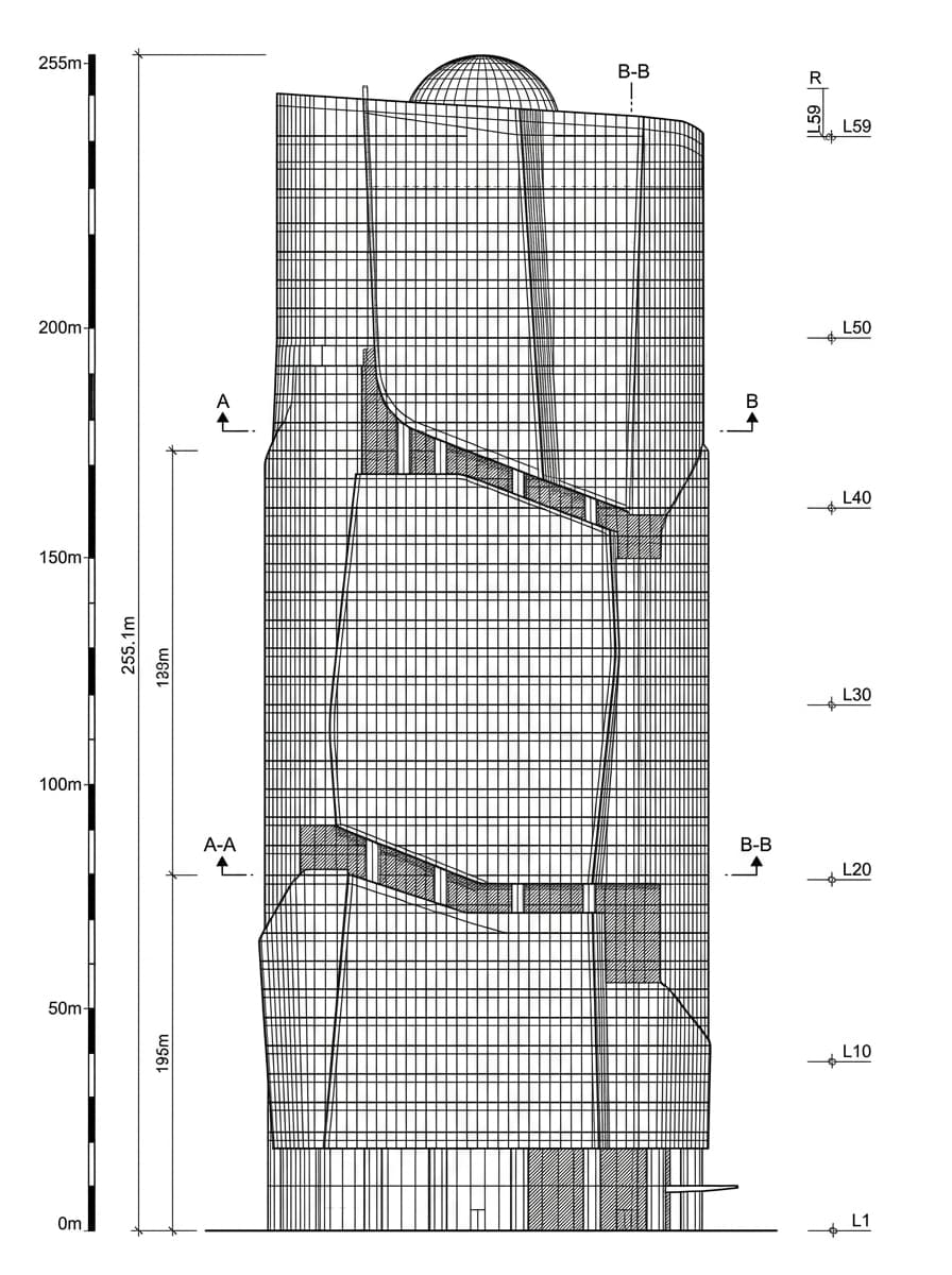 Architectural elevation drawing of Langham Place Tower, Mong Kok, Hong Kong