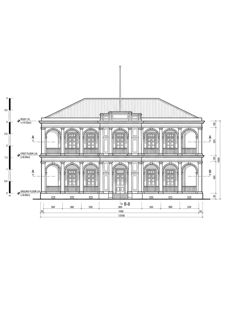 Architectural elevation drawing of Flagstaff House (Museum of Tea Ware), Central, Hong Kong