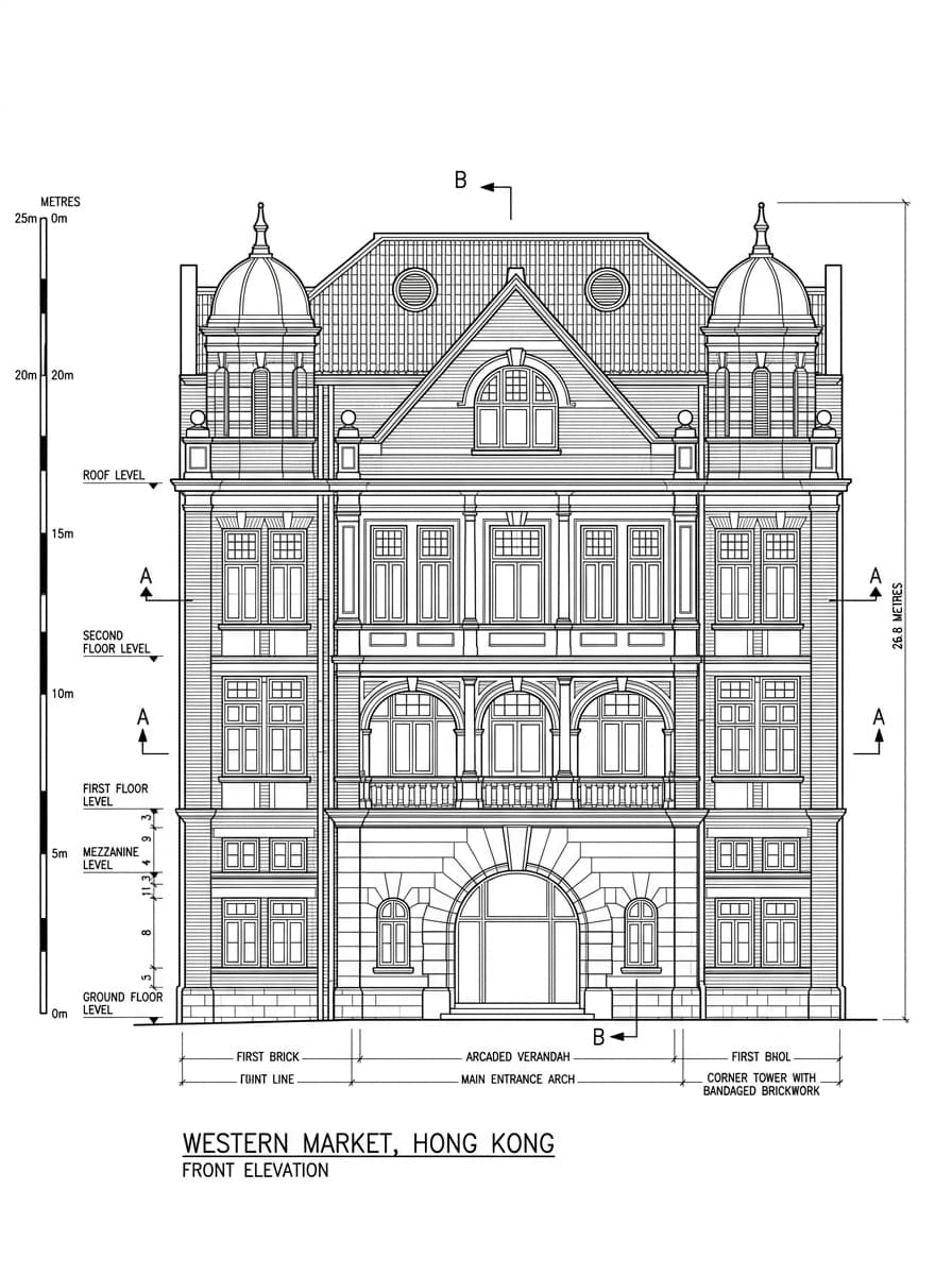 Architectural elevation drawing of Western Market, Sheung Wan, Hong Kong