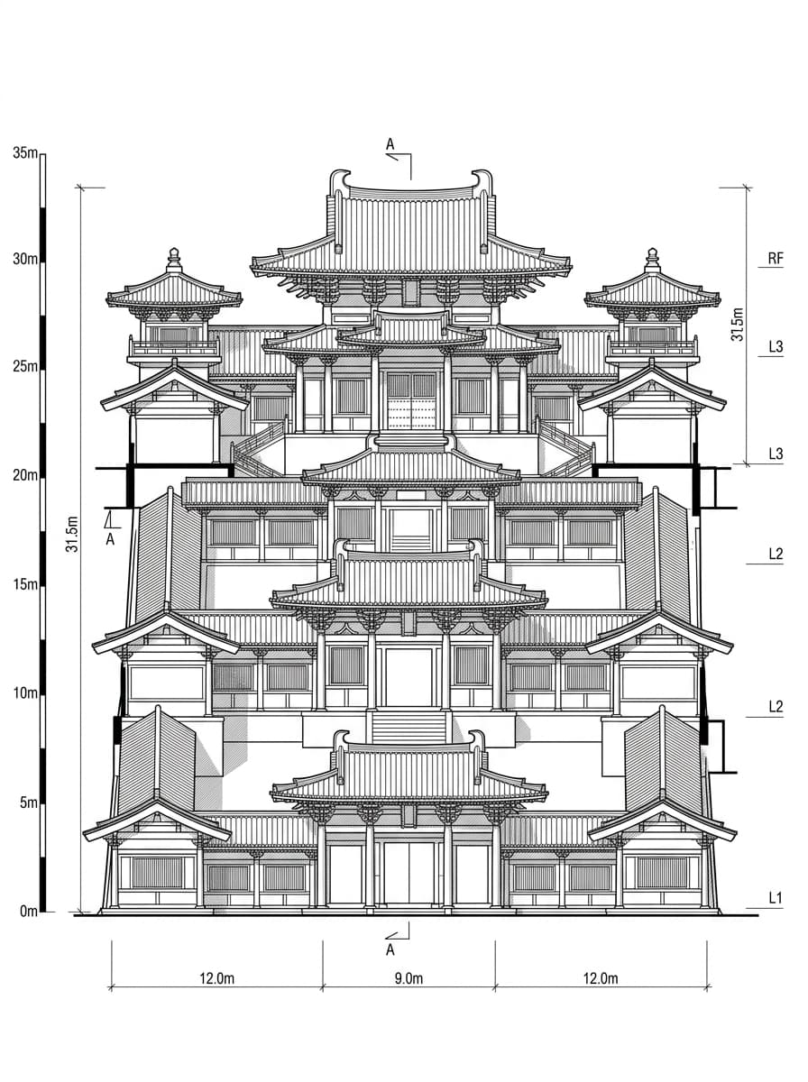 Architectural elevation drawing of Chi Lin Nunnery, Diamond Hill, Hong Kong
