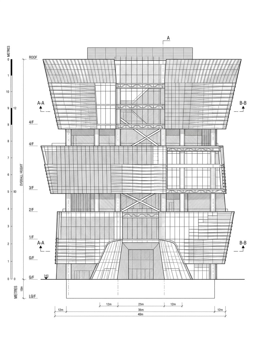 Architectural elevation drawing of Hong Kong Palace Museum, West Kowloon, Hong Kong