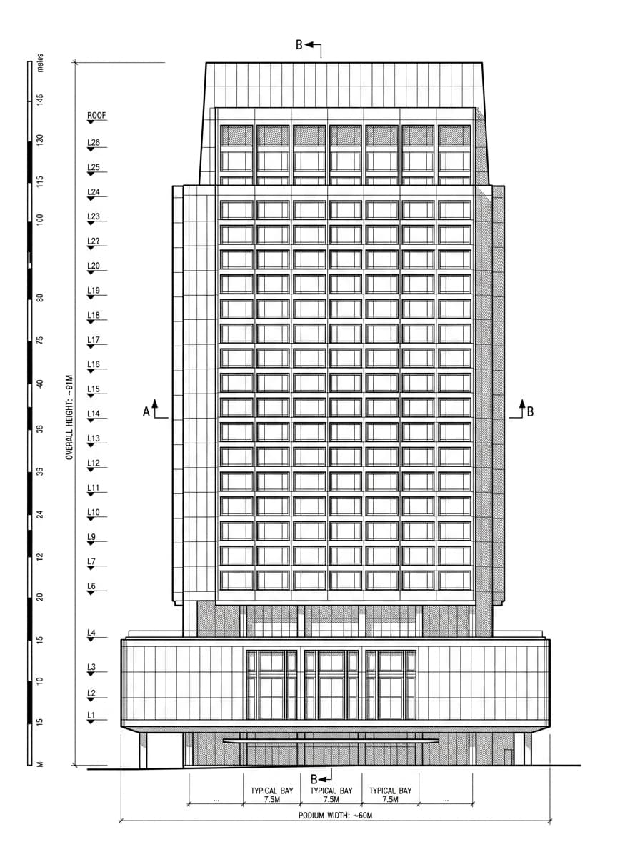 Architectural elevation drawing of Mandarin Oriental Hong Kong, Central, Hong Kong