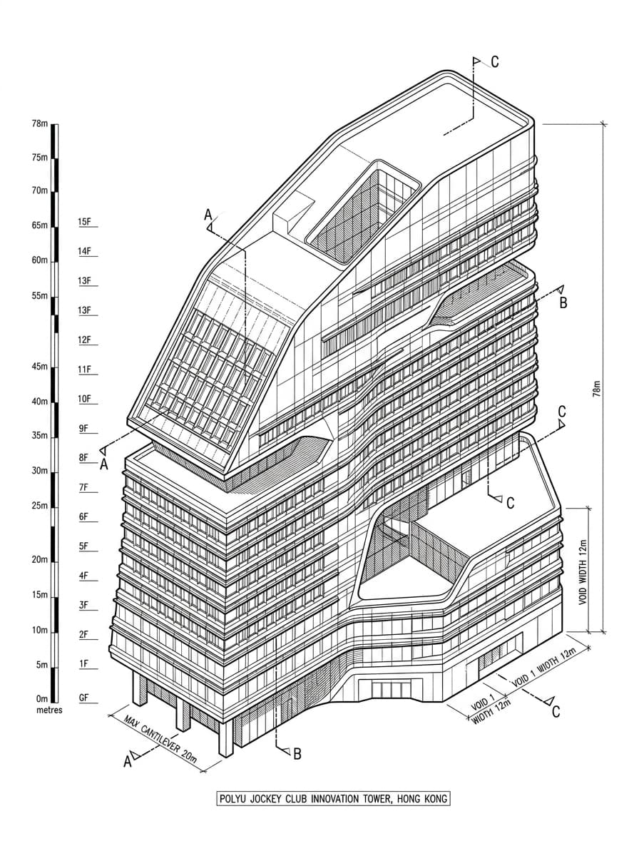 Architectural elevation drawing of PolyU Jockey Club Innovation Tower, Hung Hom, Hong Kong