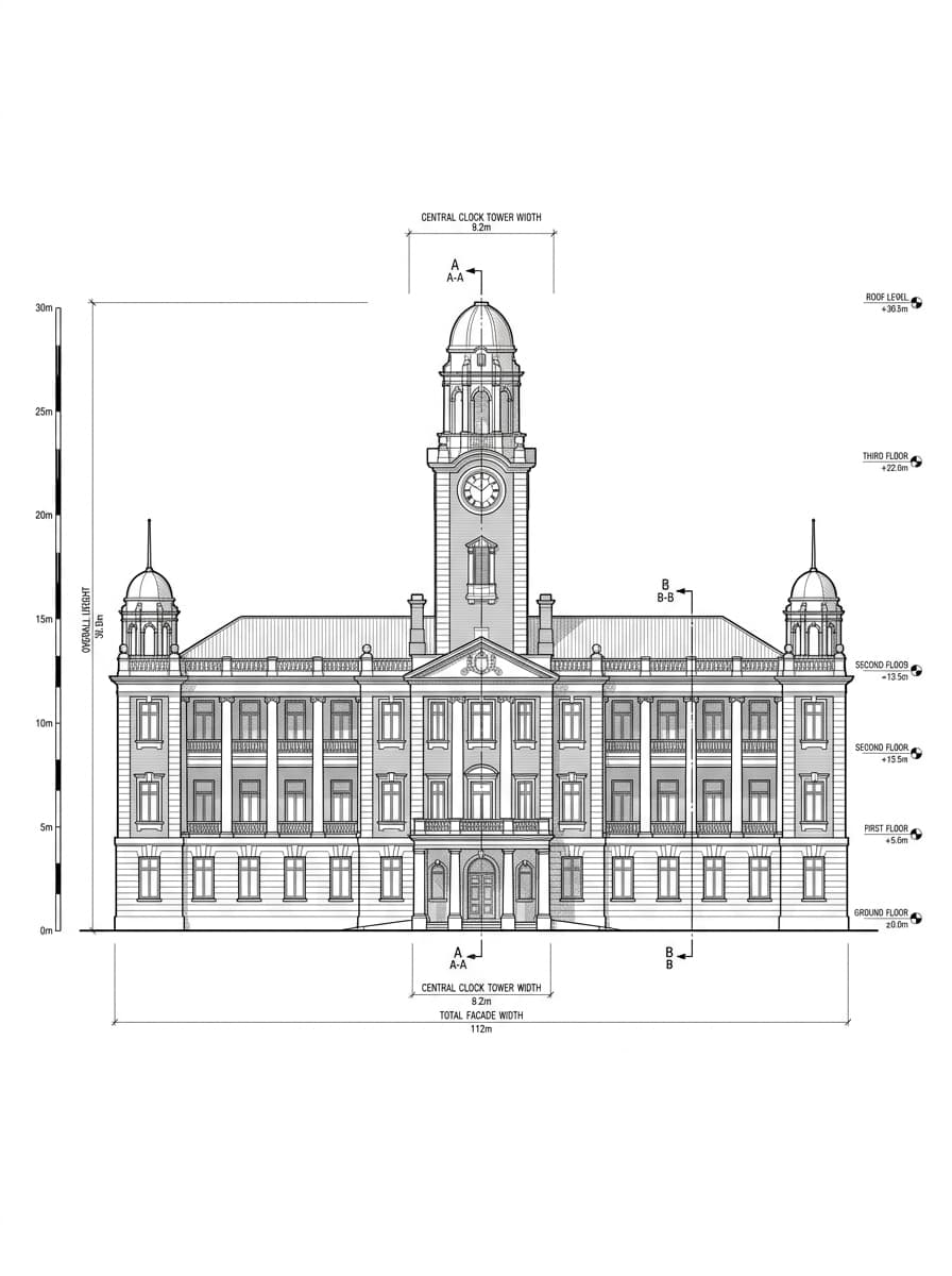 Architectural elevation drawing of HKU Main Building, Central & Western, Hong Kong