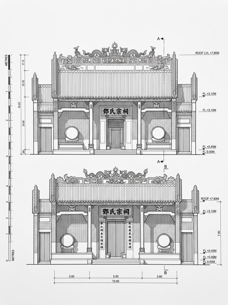 Architectural elevation drawing of Tang Ancestral Hall, Yuen Long, Hong Kong