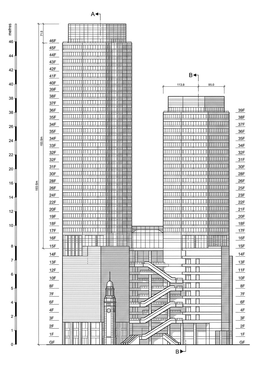 Architectural elevation drawing of Times Square, Causeway Bay, Hong Kong
