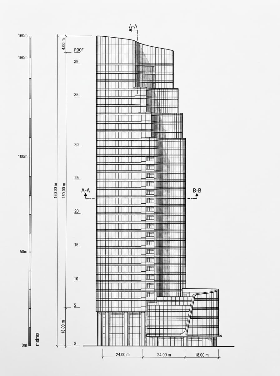 Architectural elevation drawing of Skyline Tower, Kwun Tong, Hong Kong