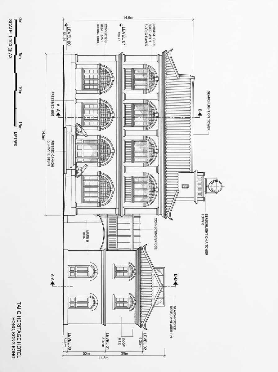 Architectural elevation drawing of Tai O Heritage Hotel, Islands, Hong Kong