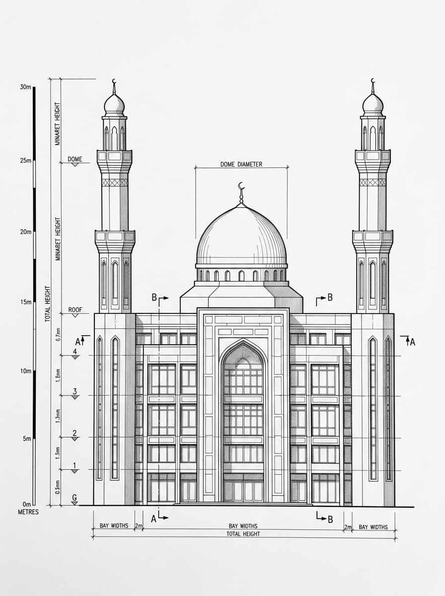 Architectural elevation drawing of Kowloon Mosque, Tsim Sha Tsui, Hong Kong