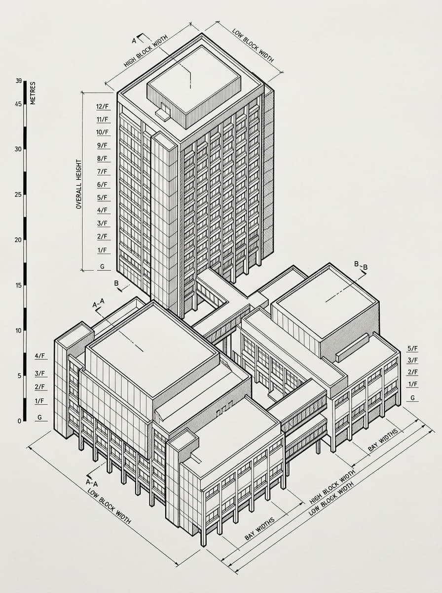 Architectural elevation drawing of Hong Kong City Hall, Central, Hong Kong