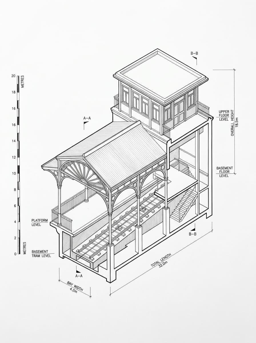 Architectural elevation drawing of Peak Tram Historic Gallery, Central, Hong Kong