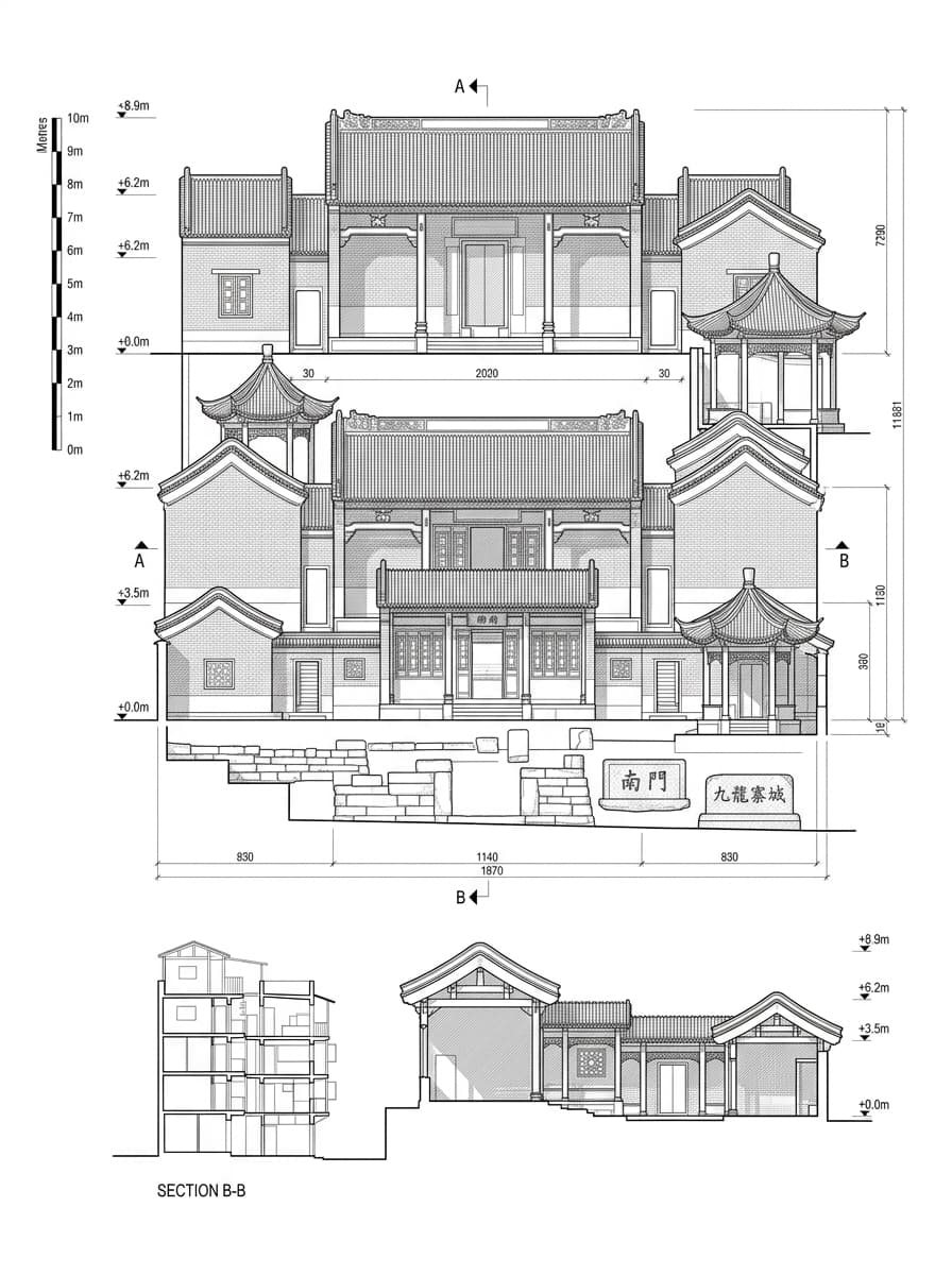 Architectural elevation drawing of Kowloon Walled City Park, Kowloon City, Hong Kong