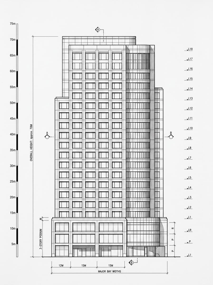 Architectural elevation drawing of InterContinental Grand Stanford, Tsim Sha Tsui, Hong Kong