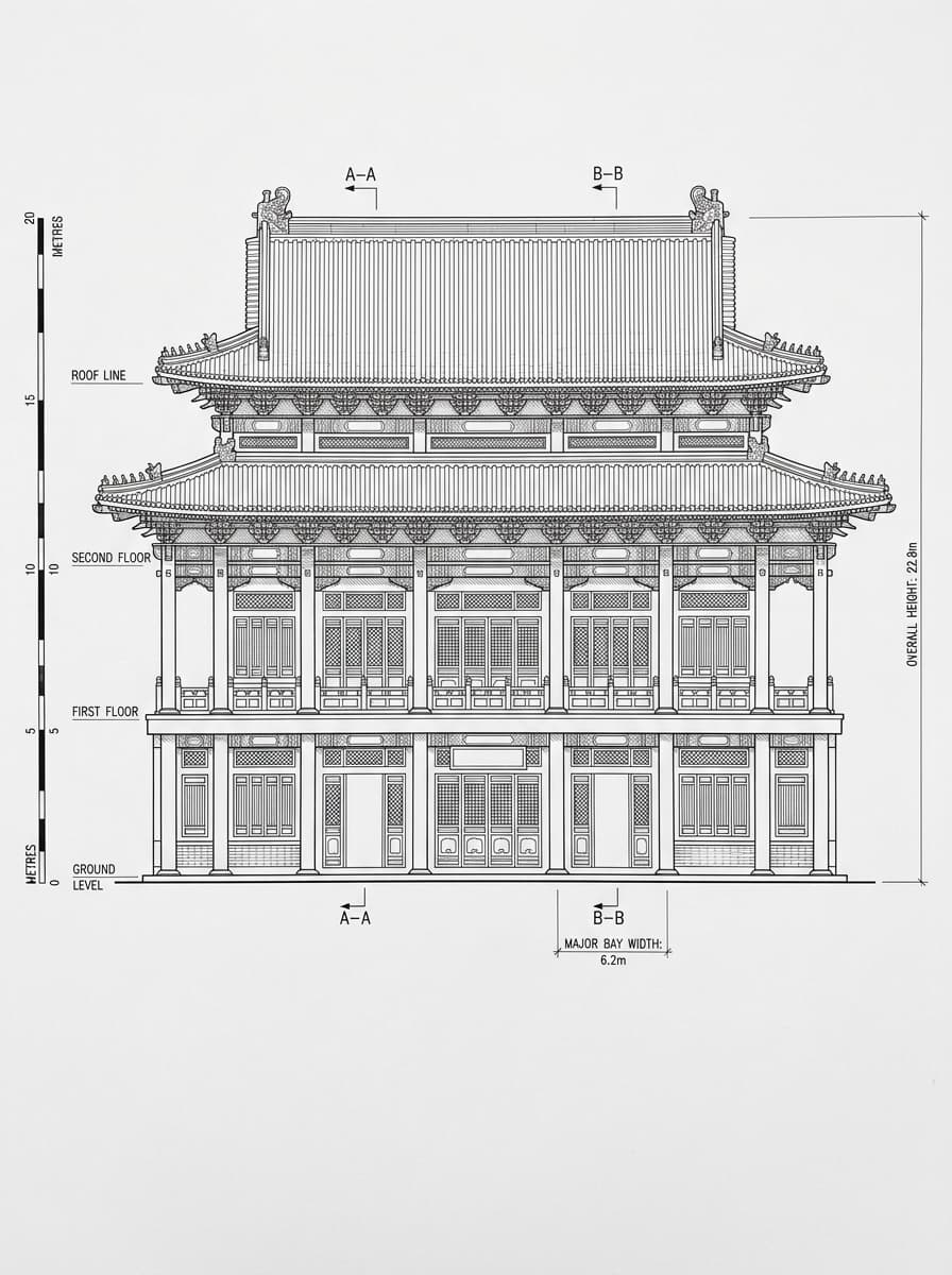 Architectural elevation drawing of Po Lin Monastery, Islands, Hong Kong