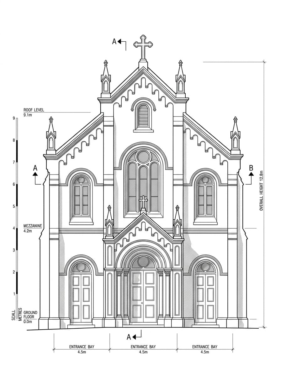 Architectural elevation drawing of St. Joseph's Chapel (Yim Tin Tsai), Sai Kung, Hong Kong