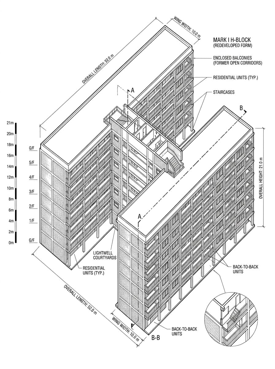 Architectural elevation drawing of Shek Kip Mei Estate, Sham Shui Po, Hong Kong