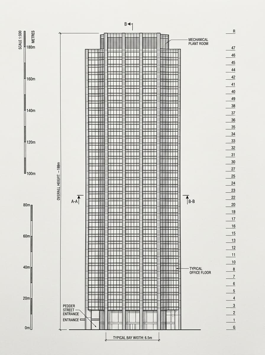 Architectural elevation drawing of Gloucester Tower, Central, Hong Kong