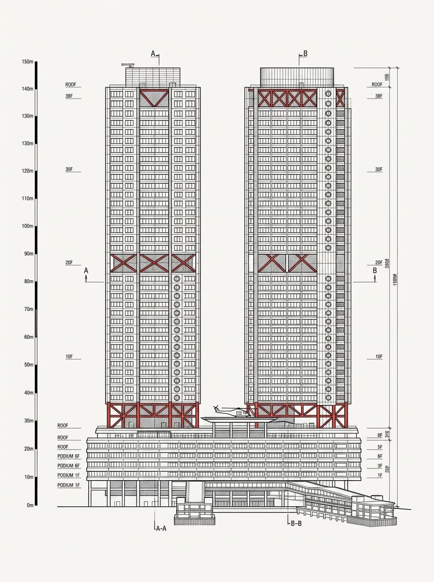 Architectural elevation drawing of Shun Tak Centre, Sheung Wan, Hong Kong
