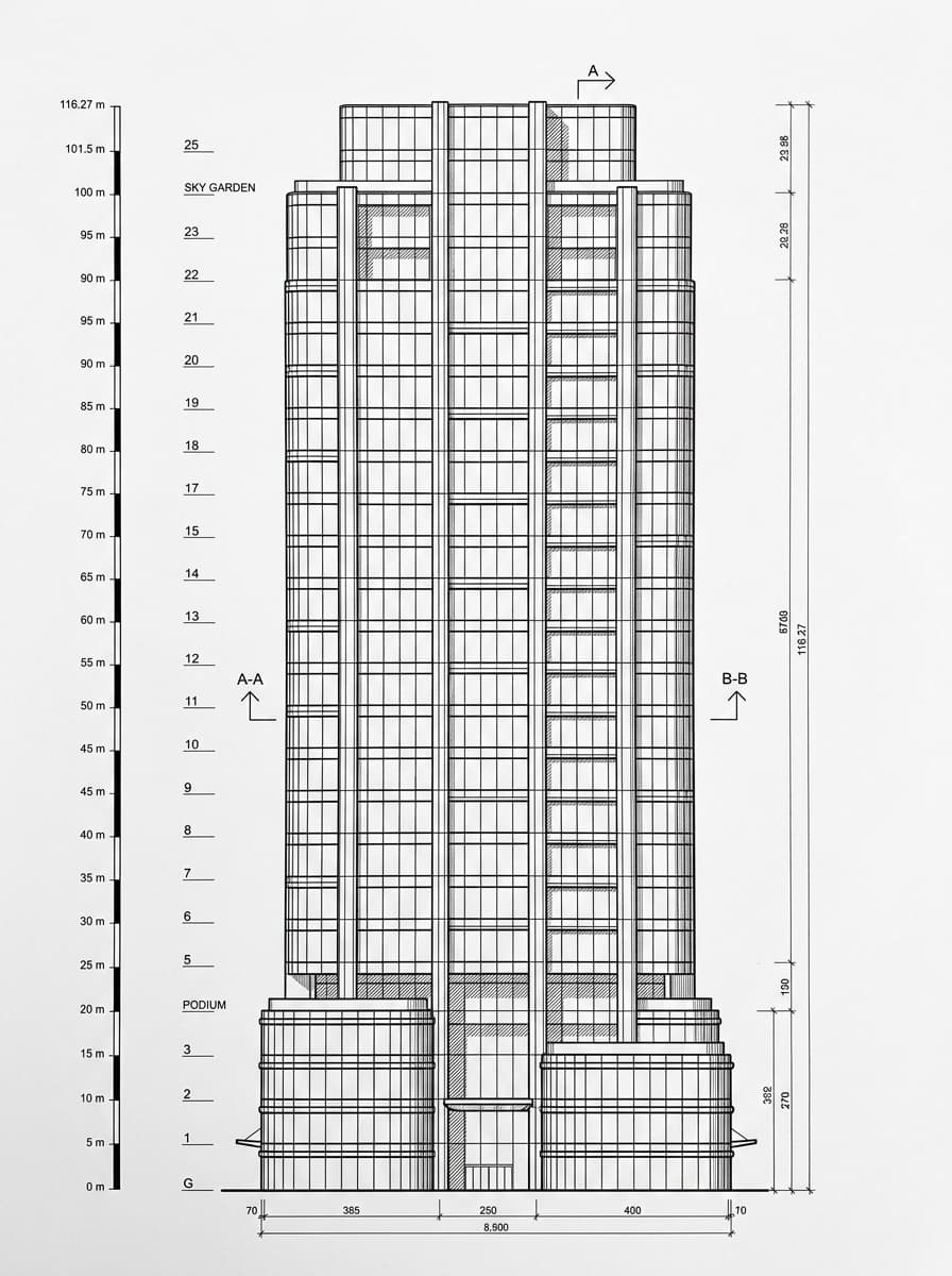 Architectural elevation drawing of WeWork Tower 535, Causeway Bay, Hong Kong