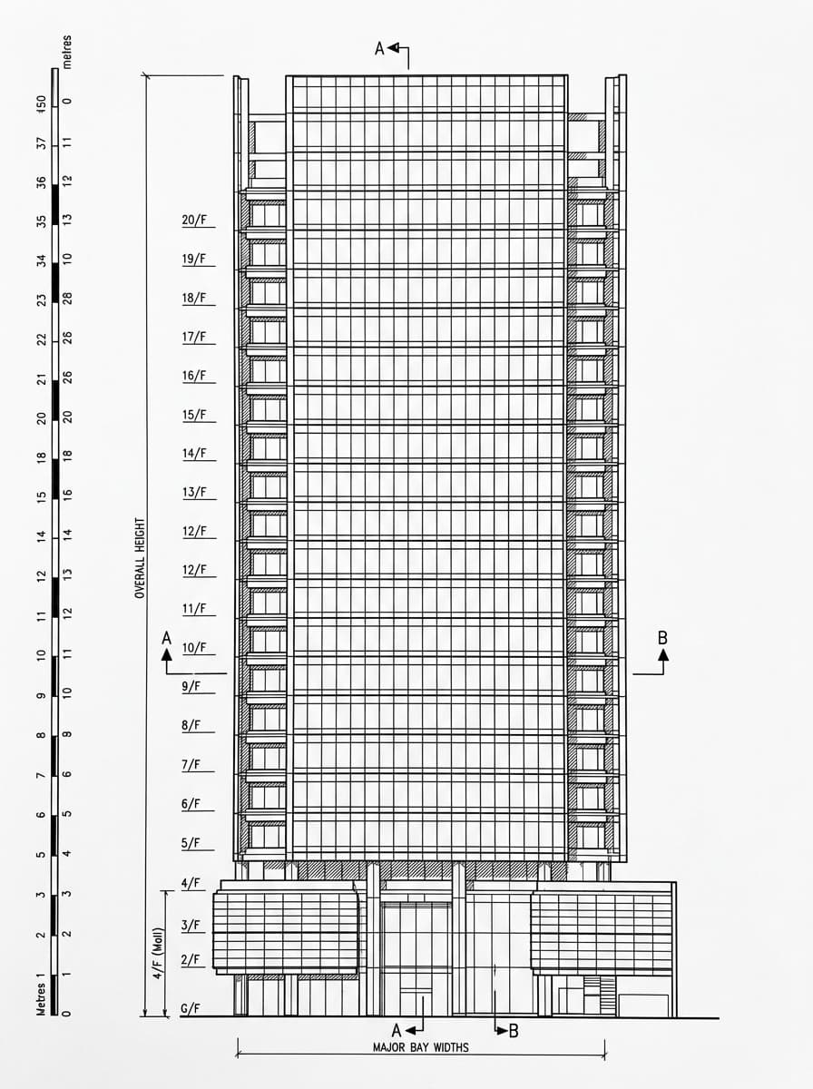 Architectural elevation drawing of Sun Life Tower, Tsim Sha Tsui, Hong Kong