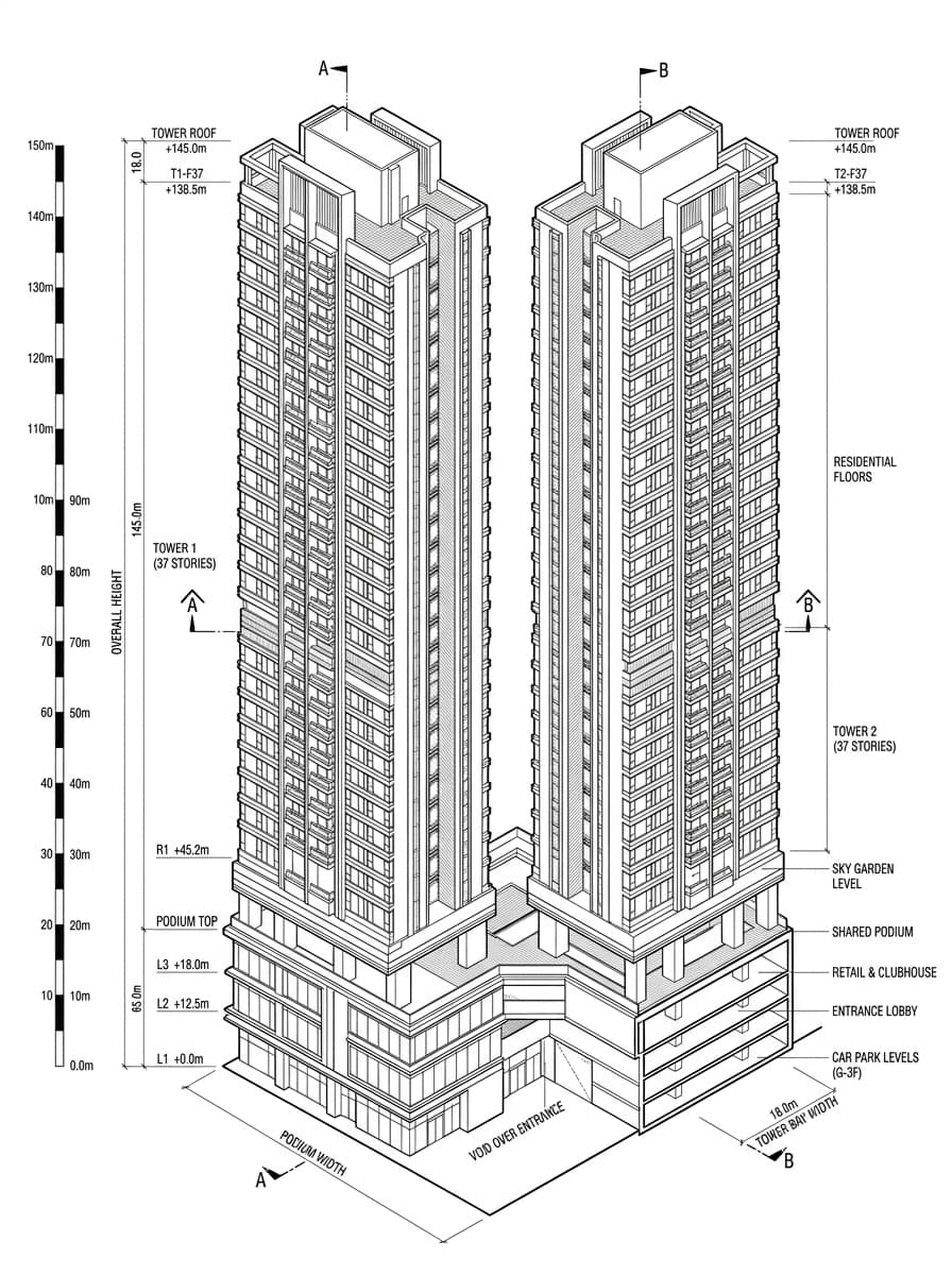 Architectural elevation drawing of CentreStage, Central, Hong Kong