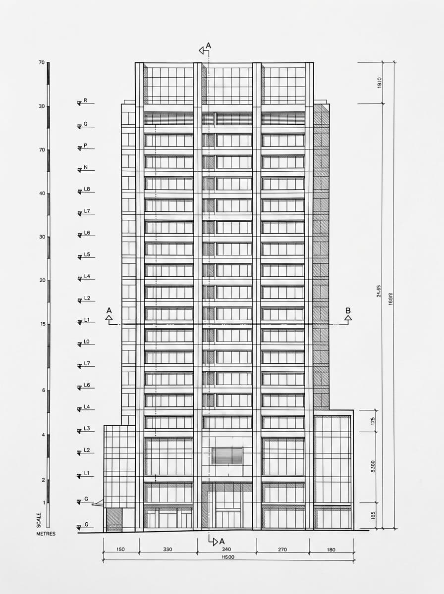 Architectural elevation drawing of Wanchai Commercial Centre, Wan Chai, Hong Kong
