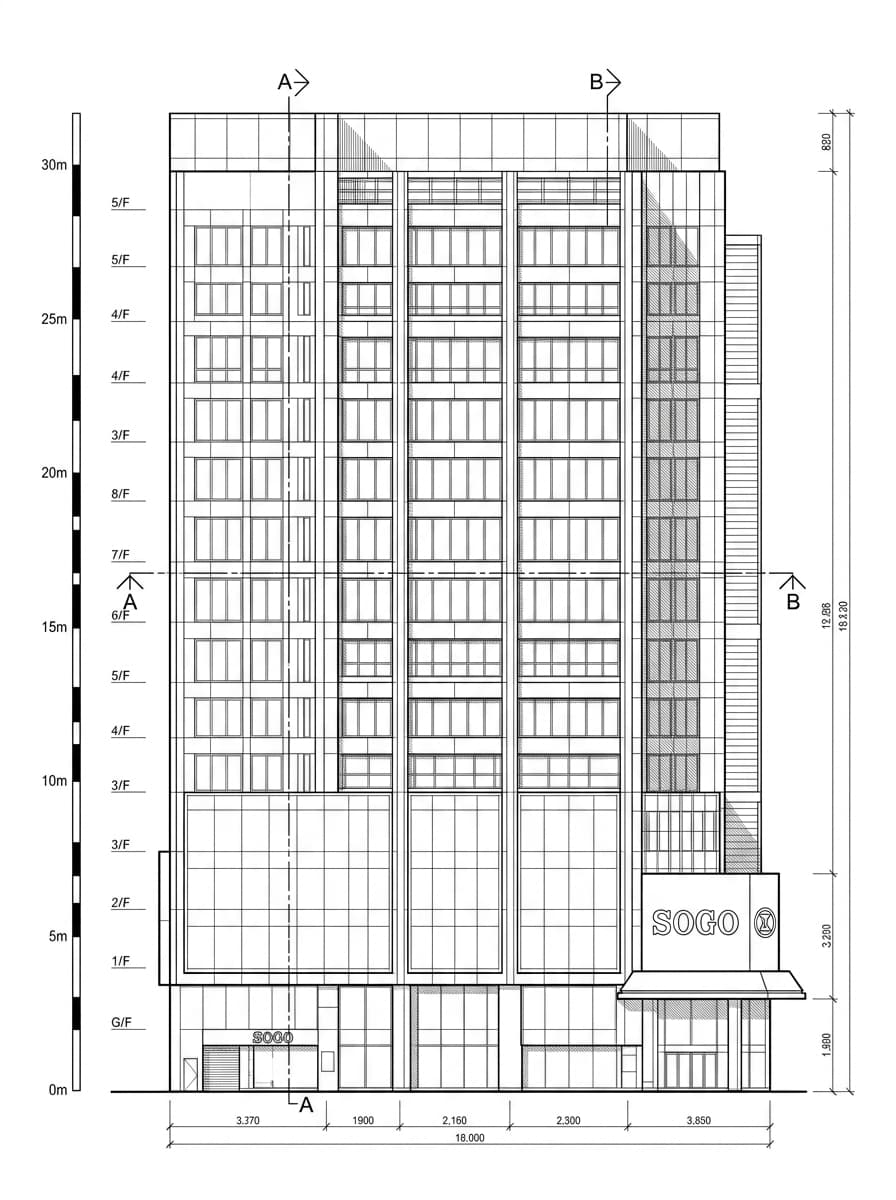 Architectural elevation drawing of SOGO Tsim Sha Tsui, Tsim Sha Tsui, Hong Kong