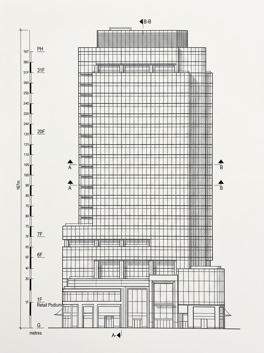 Architectural elevation drawing of Lee Garden Two, Causeway Bay, Hong Kong