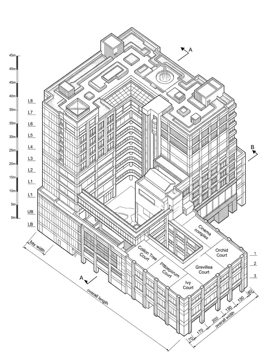 Architectural elevation drawing of New Town Plaza, Sha Tin, Hong Kong