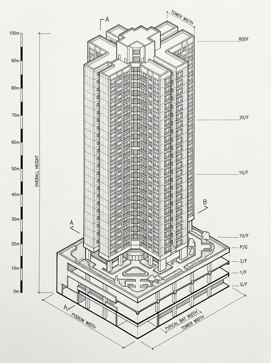 Architectural elevation drawing of Taikoo Shing, Eastern, Hong Kong