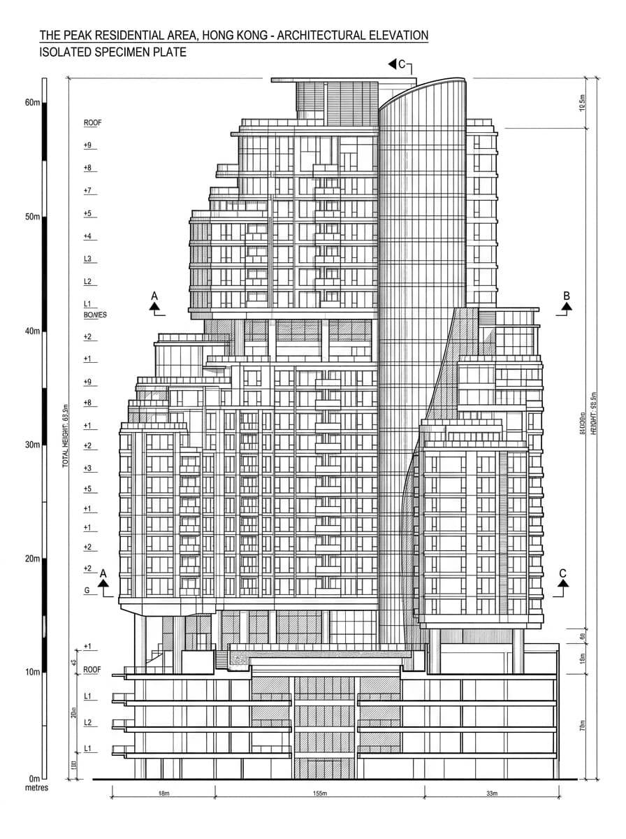 Architectural elevation drawing of The Peak residential area, Central & Western, Hong Kong