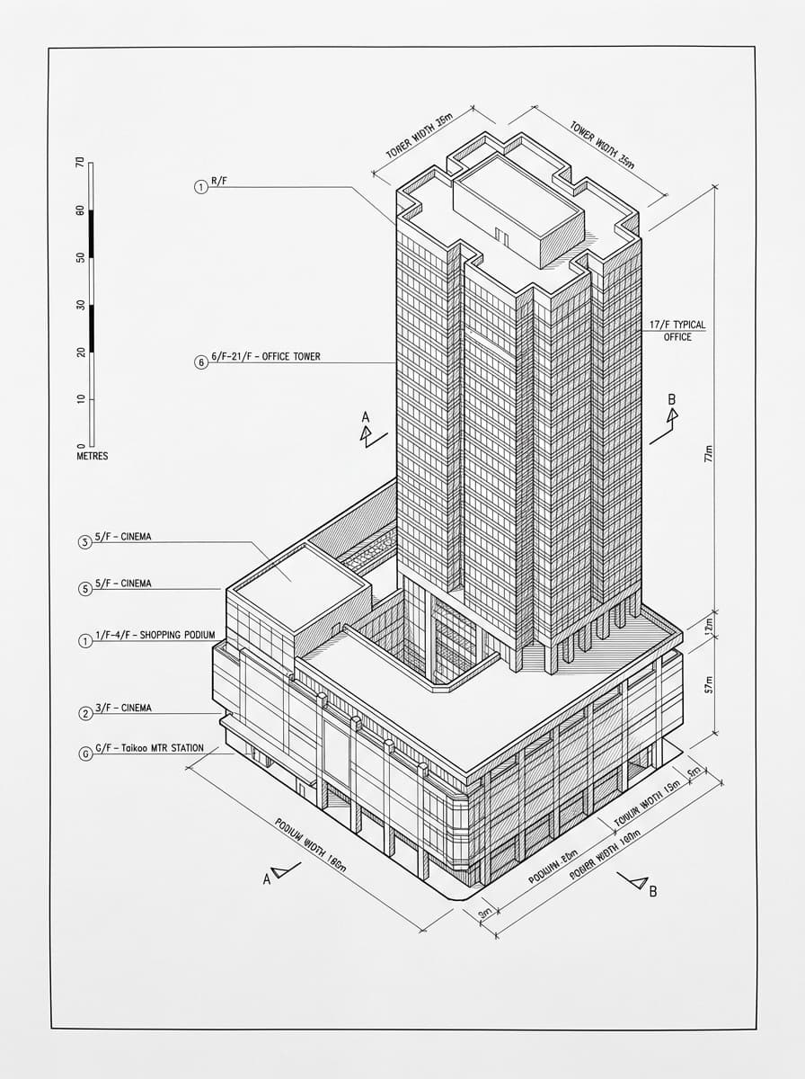 Architectural elevation drawing of Kornhill Plaza, Eastern, Hong Kong