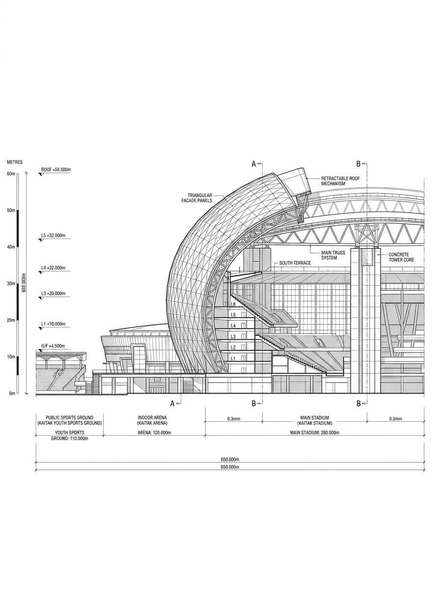 Architectural elevation drawing of Kai Tak Sports Park, Kowloon City, Hong Kong