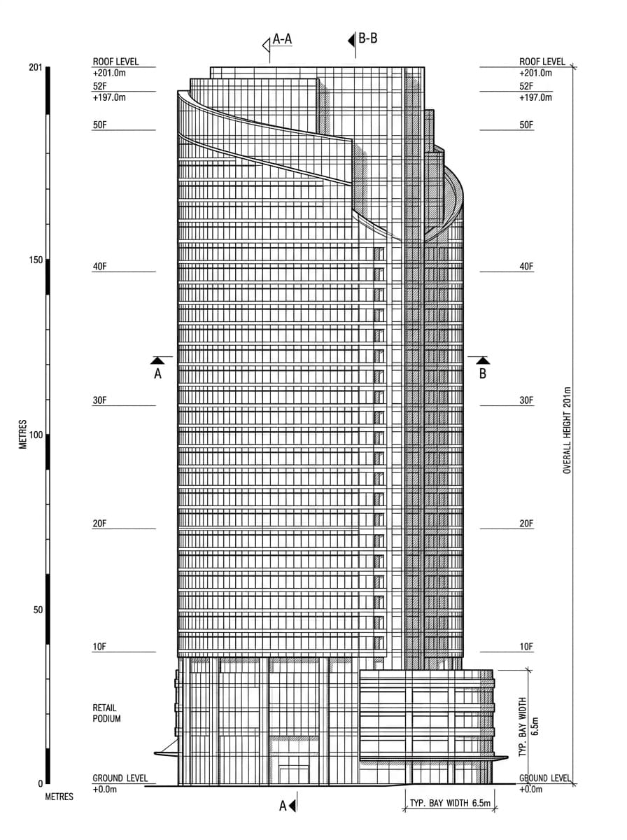 Architectural elevation drawing of China Online Centre, Wan Chai, Hong Kong