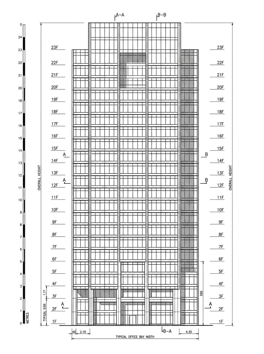 Architectural elevation drawing of Lee Garden Six, Causeway Bay, Hong Kong